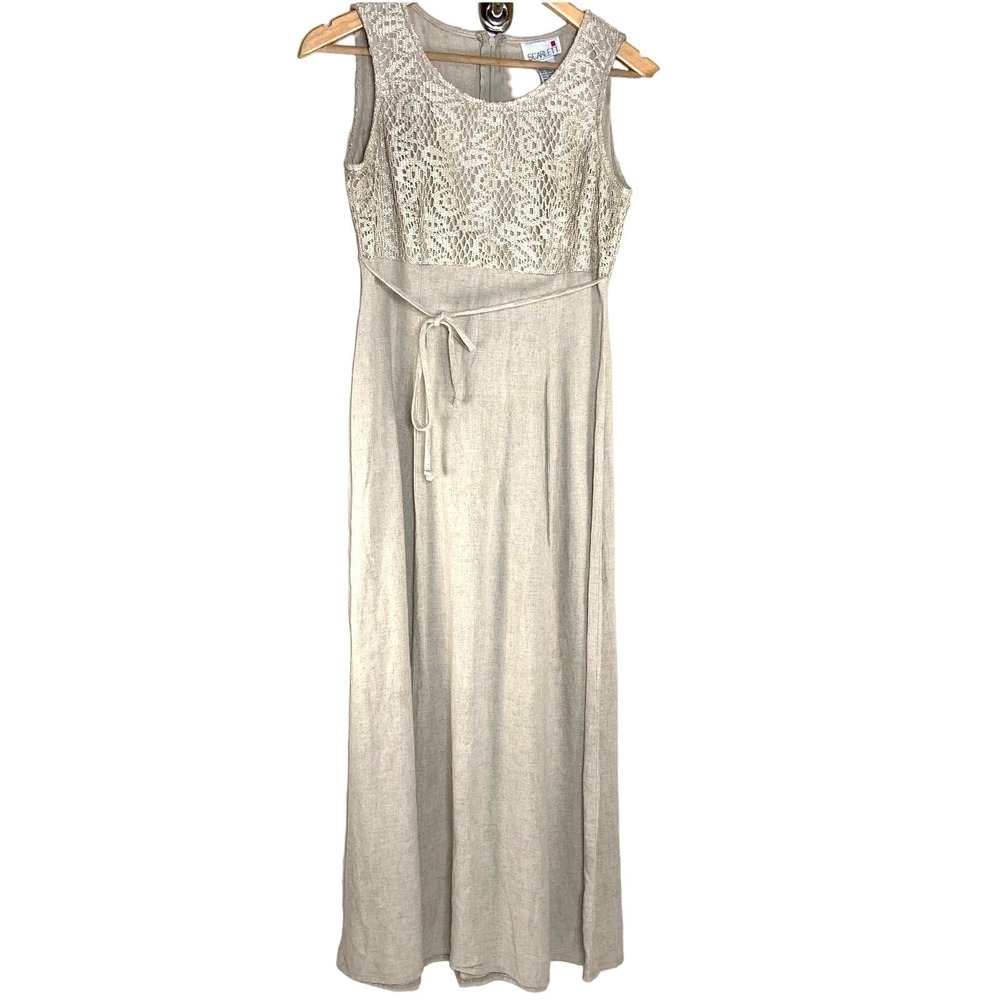 Vintage SCARLETT Maxi Dress Womens Size 4 Beige Tan Linen Sleeveless Boho Chic